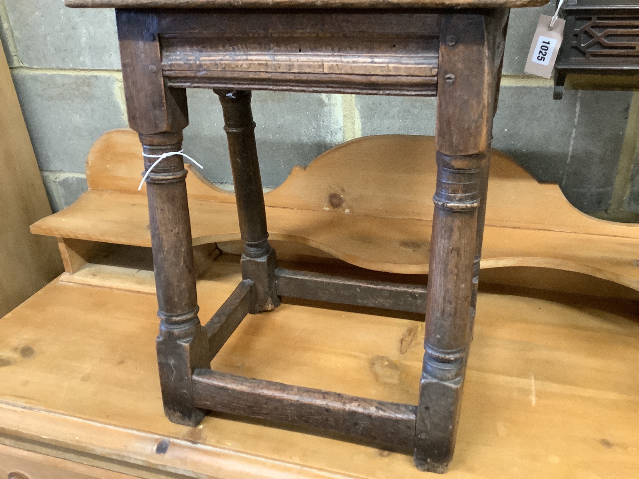 A 17th century style oak joint stool, length 44cm, depth 28cm, height 53cm